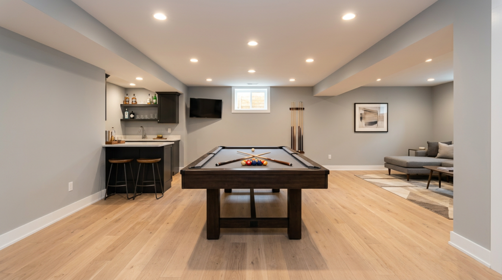 Basement remodeling project with a pool table